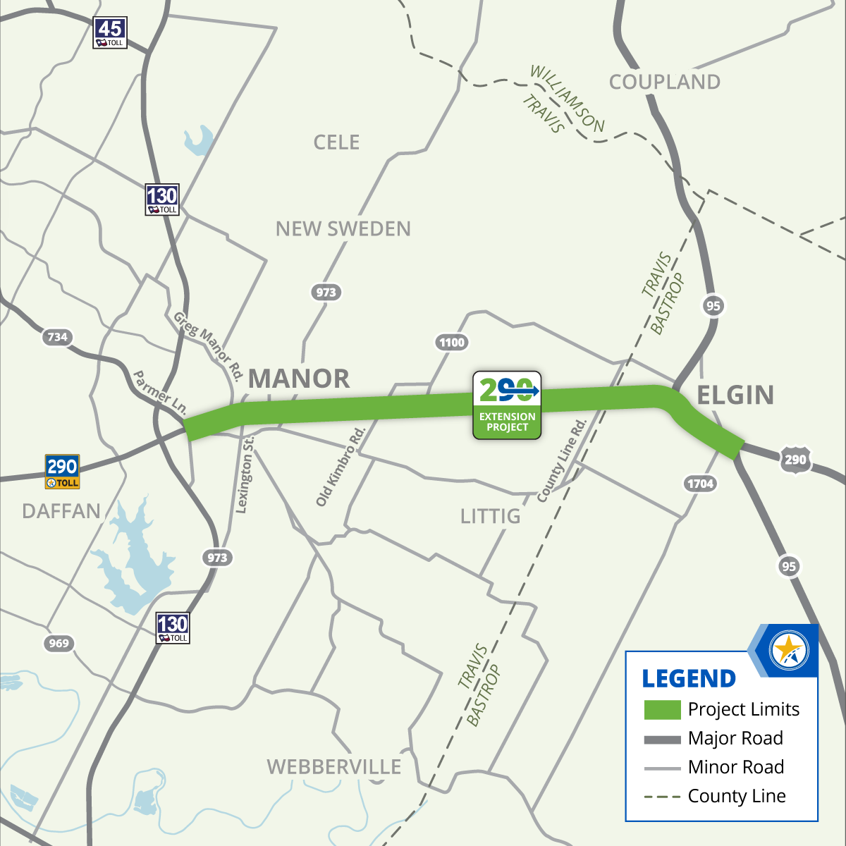 Map of proposed 290 Extension project route from Manor to Elgin, showing project limits in green with surrounding communities and major highways