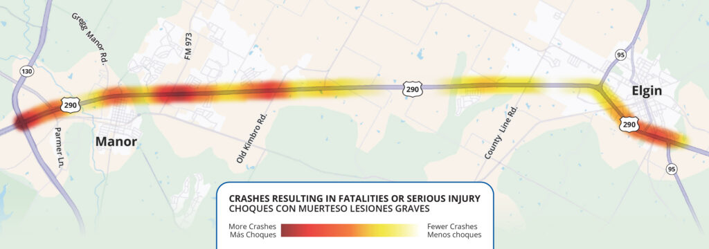 A heat map showing areas along the corridor with higher concentrations of crashes resulting in fatalities or serious injury. Most crashes of this type are concentrated near key intersections.