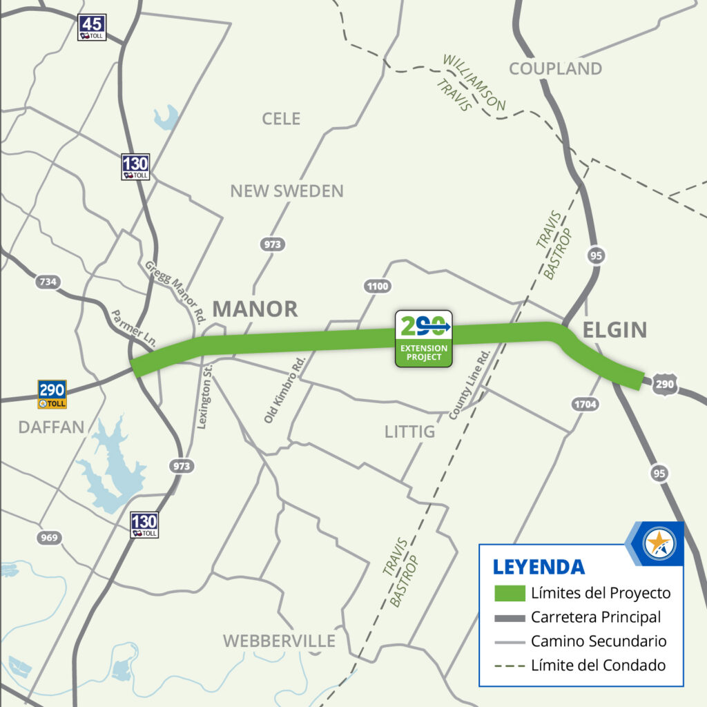 Un mapa de ubicación del proyecto de la propuesta ampliación de la autopista de peaje 290, desde la SH 130 hasta el este de la SH 95 Sur.