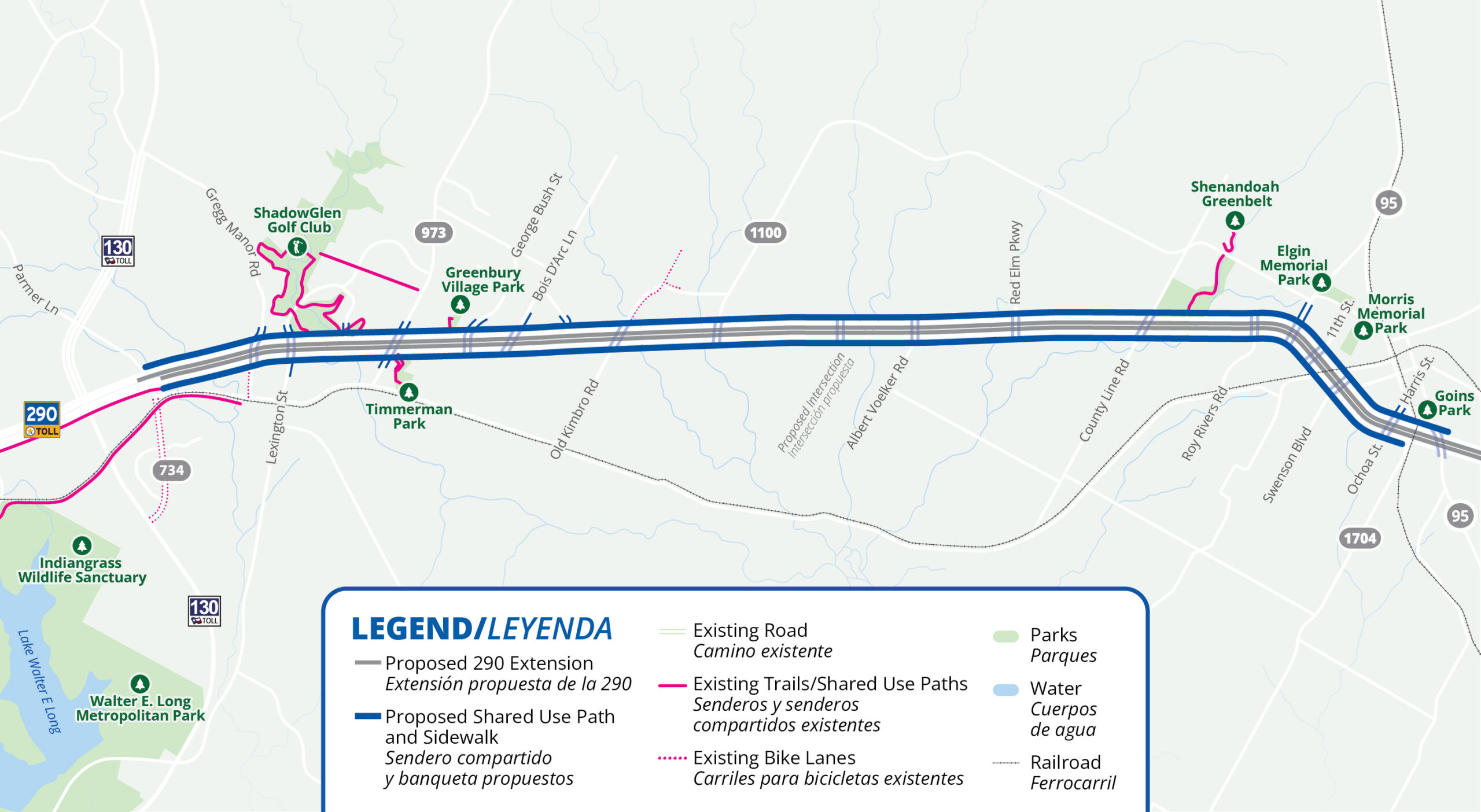 A map of the proposed shared use path and sidewalks alongside the US 290 corridor.